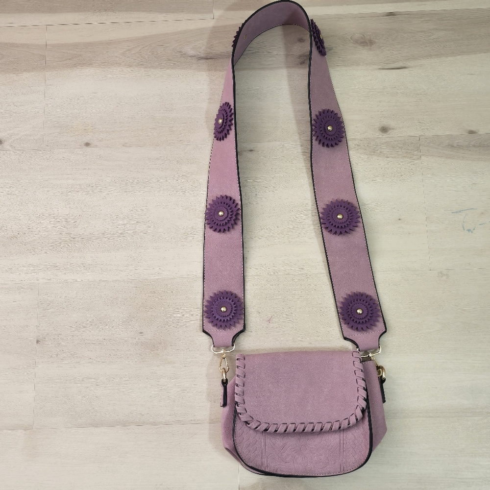 Kiss Me Couture Purse Bag Light Purple Floral Wide Strap Crossbody Boho